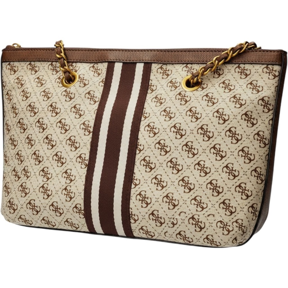 Guess Women Large Brown Monogram Logo Racing Stripe Chain Shoulder Tote Y2K Bag
